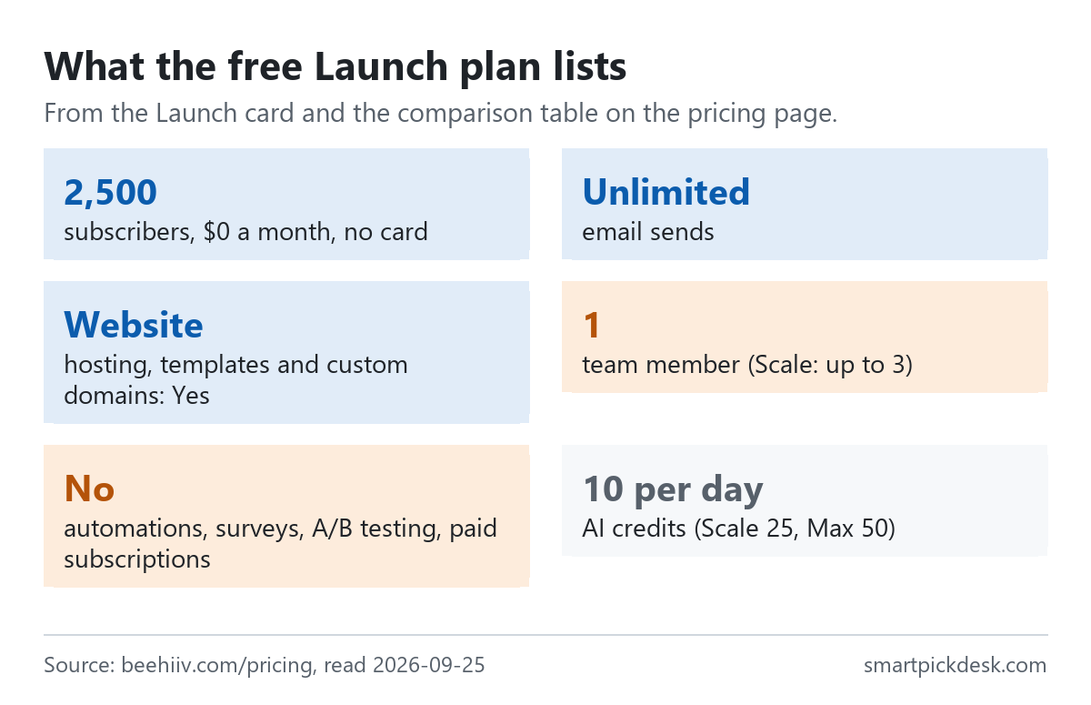 Six cards describing beehiiv's Launch plan: 2,500 subscribers at $0 with no card, unlimited email sends, website hosting and custom domains, 1 team member, no automations or paid subscriptions, and 10 AI credits per day.