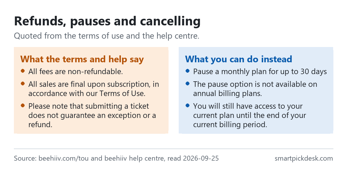 Two panels: the terms say all fees are non-refundable and the help centre says all sales are final and a support ticket does not mean a refund; instead you can pause a monthly plan for up to 30 days, the pause is not available on annual plans, and access continues to the end of the billing period.