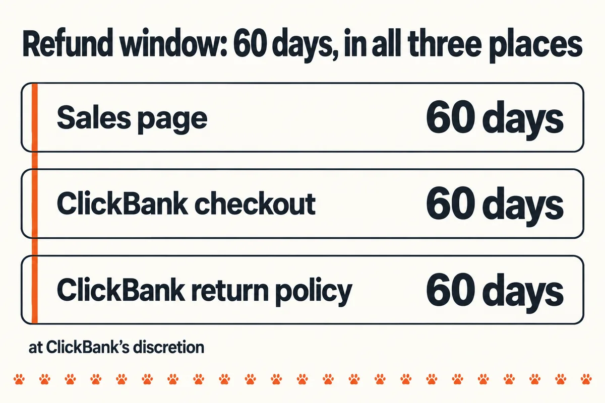 Diagram titled Refund window: 60 days, in all three places. Sales page 60 days; ClickBank checkout 60 days; ClickBank return policy 60 days, at ClickBank's discretion.
