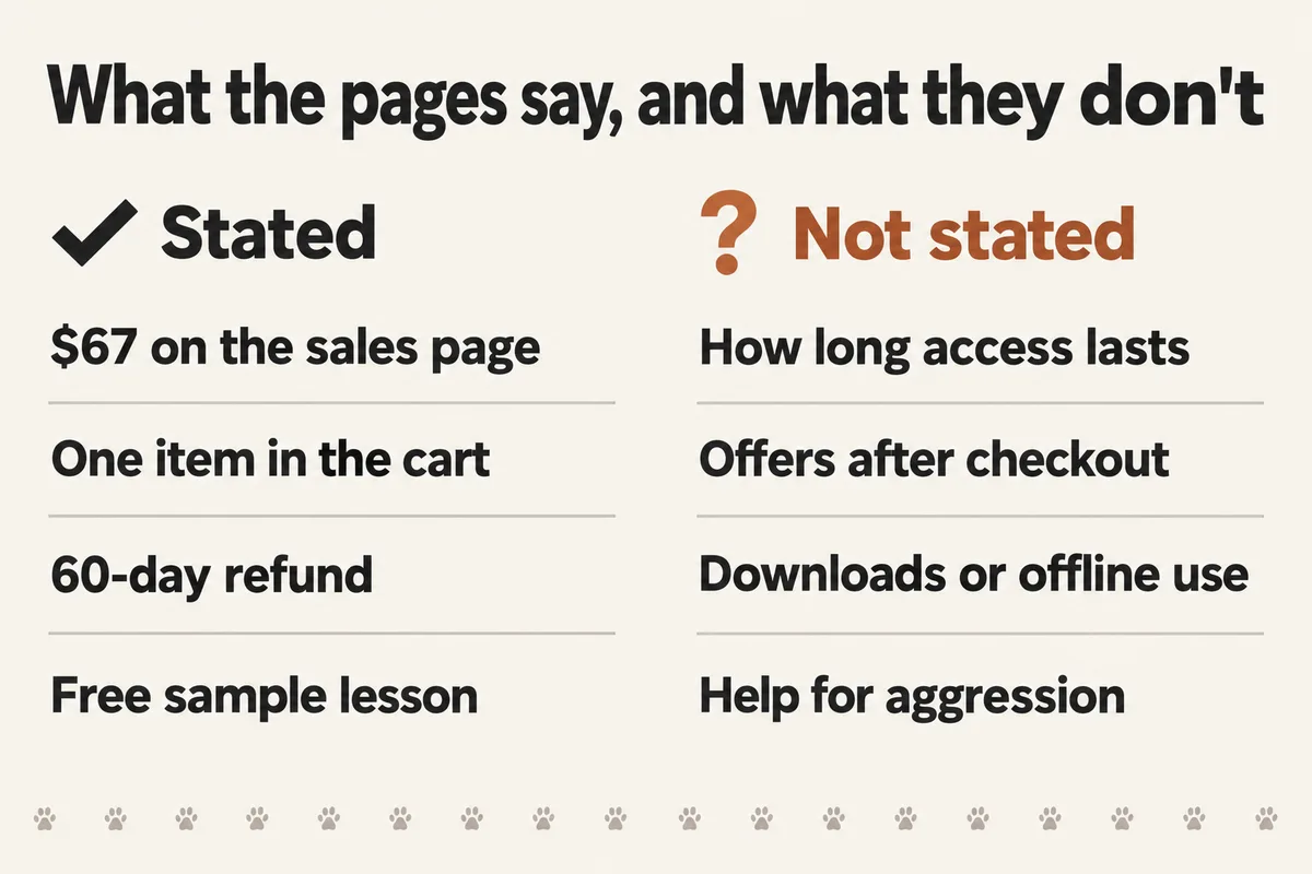 Chart titled What the pages say, and what they don't. Stated: $67 on the sales page; one item in the cart; 60-day refund; free sample lesson. Not stated: how long access lasts; offers after checkout; downloads or offline use; help for aggression.