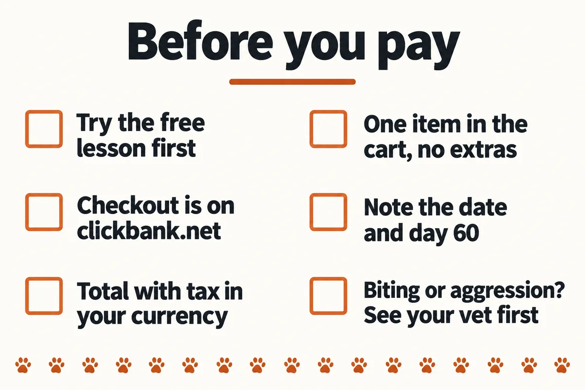 Checklist titled Before you pay, six items: try the free lesson first; checkout is on clickbank.net; total with tax in your currency; one item in the cart, no extras; note the date and day 60; biting or aggression? See your vet first.