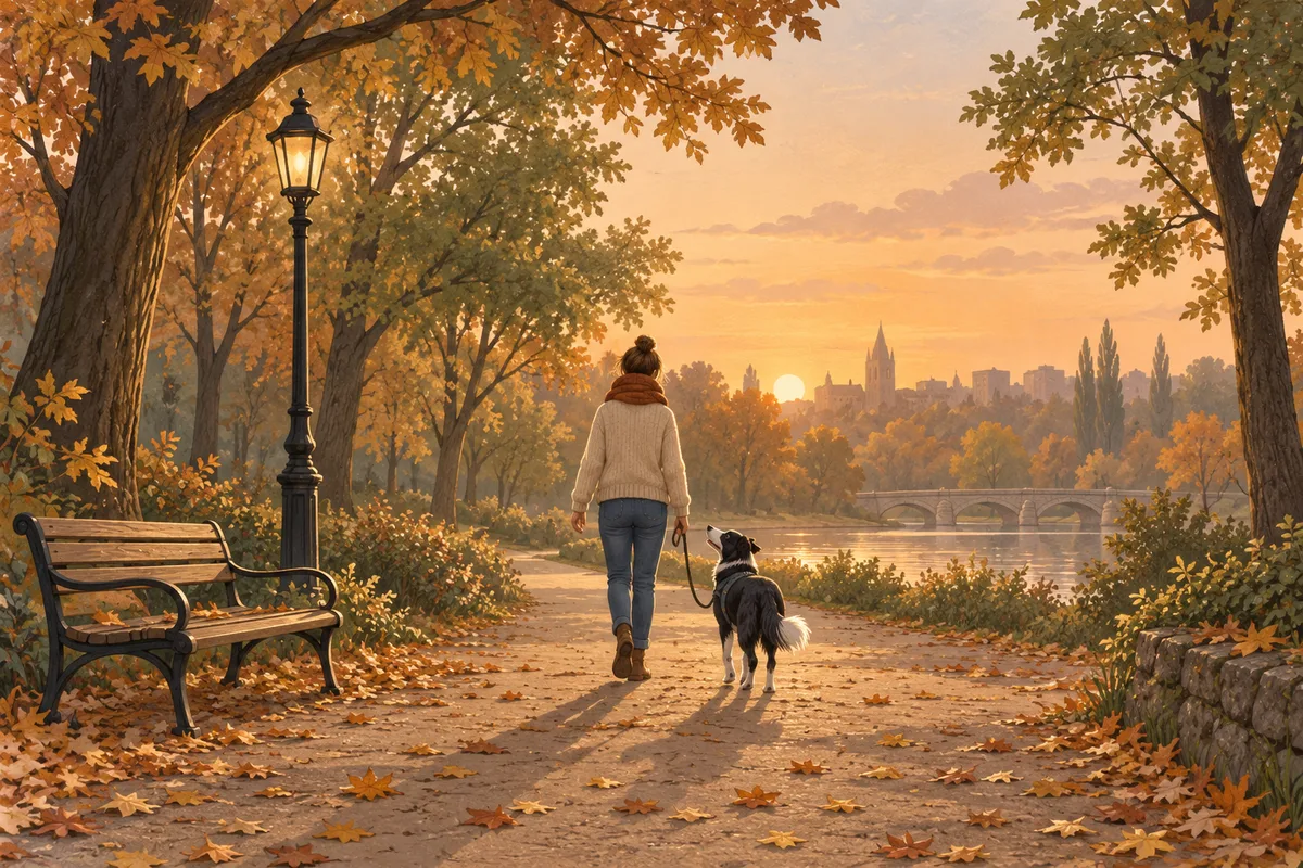 Illustration: a person seen from behind walking a black-and-white dog on a loose leash along a tree-lined park path in autumn, the dog looking up at them.
