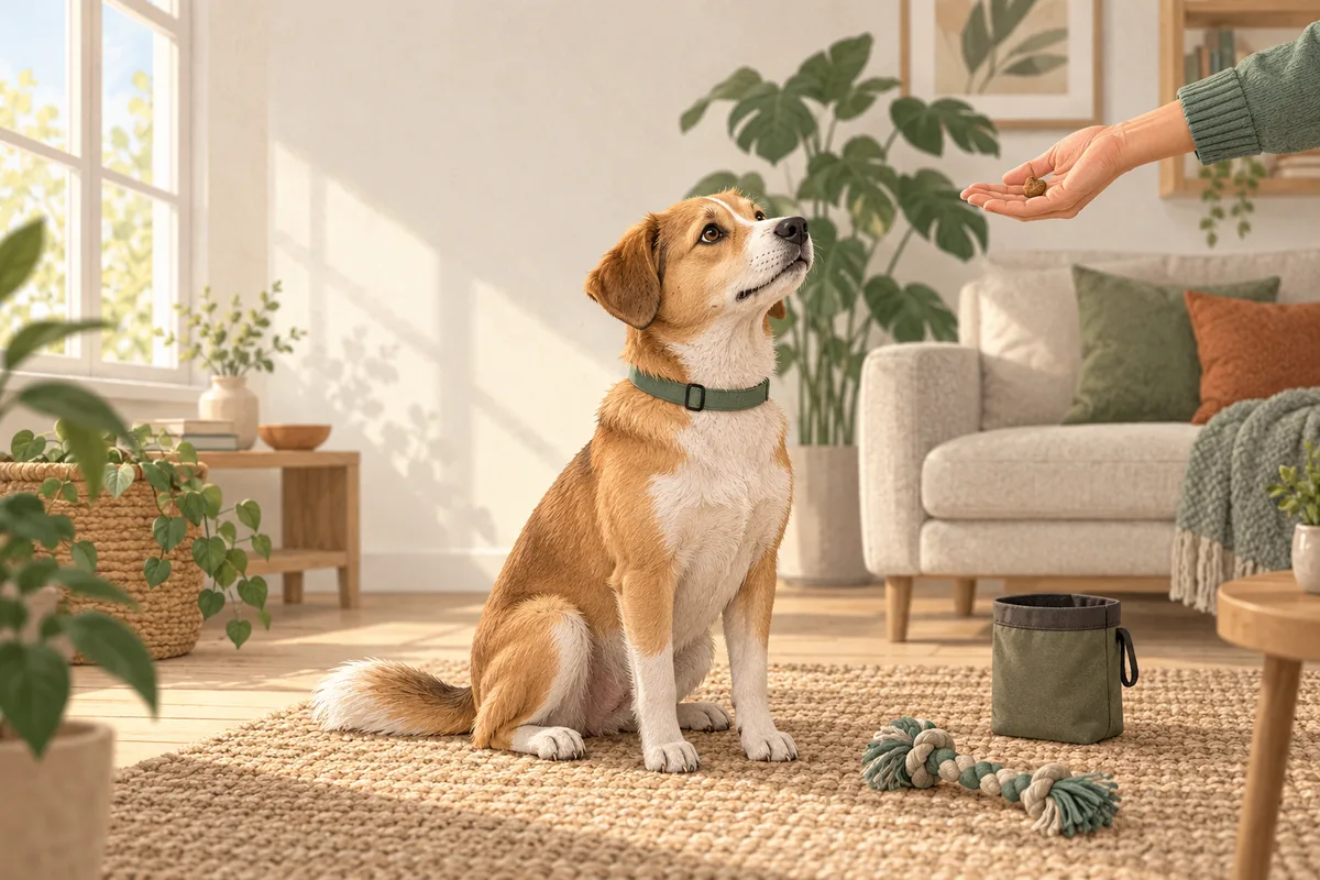 Illustration: a tan and white dog sitting on a woven rug in a sunny living room, looking up at a hand holding a small treat, with a treat pouch and a rope toy nearby.