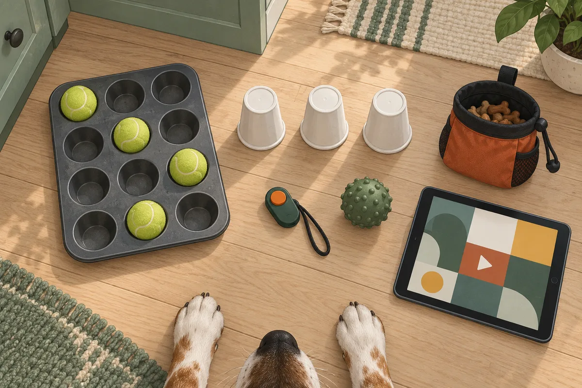 Illustration: indoor dog games on a wooden floor, a muffin tin with tennis balls, three upturned cups, a clicker, a ball, a treat pouch and a tablet showing abstract tiles, with a dog's paws and nose at the edge.