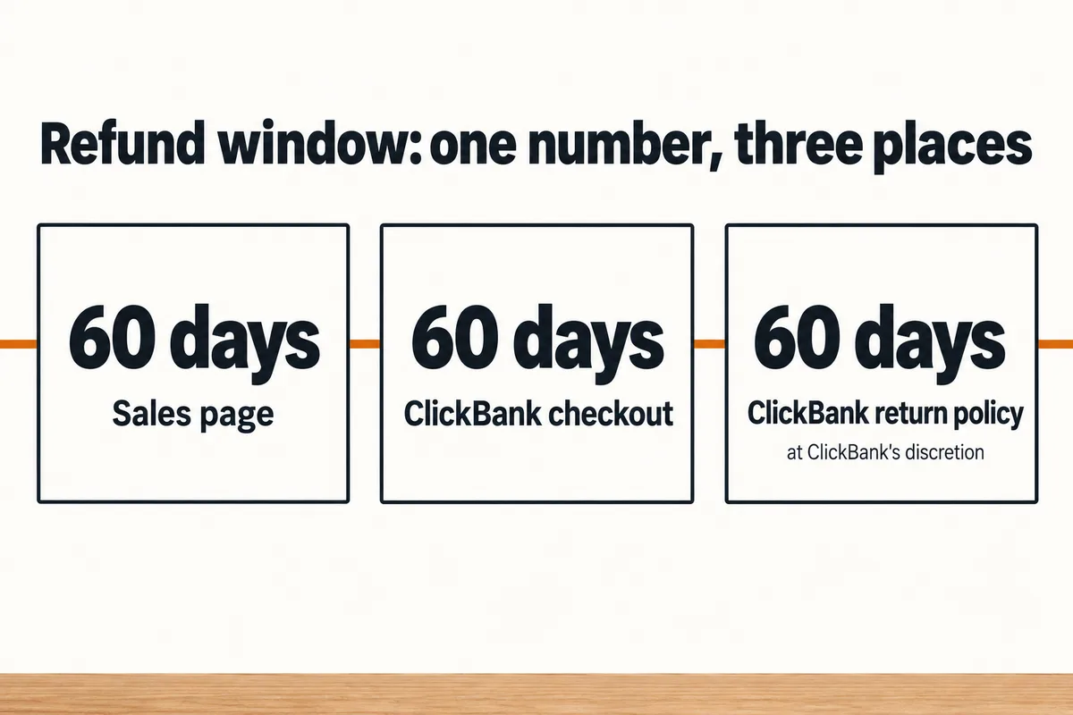 Diagram titled Refund window: one number, three places. 60 days on the sales page; 60 days on the ClickBank checkout; 60 days in the ClickBank return policy, at ClickBank's discretion.
