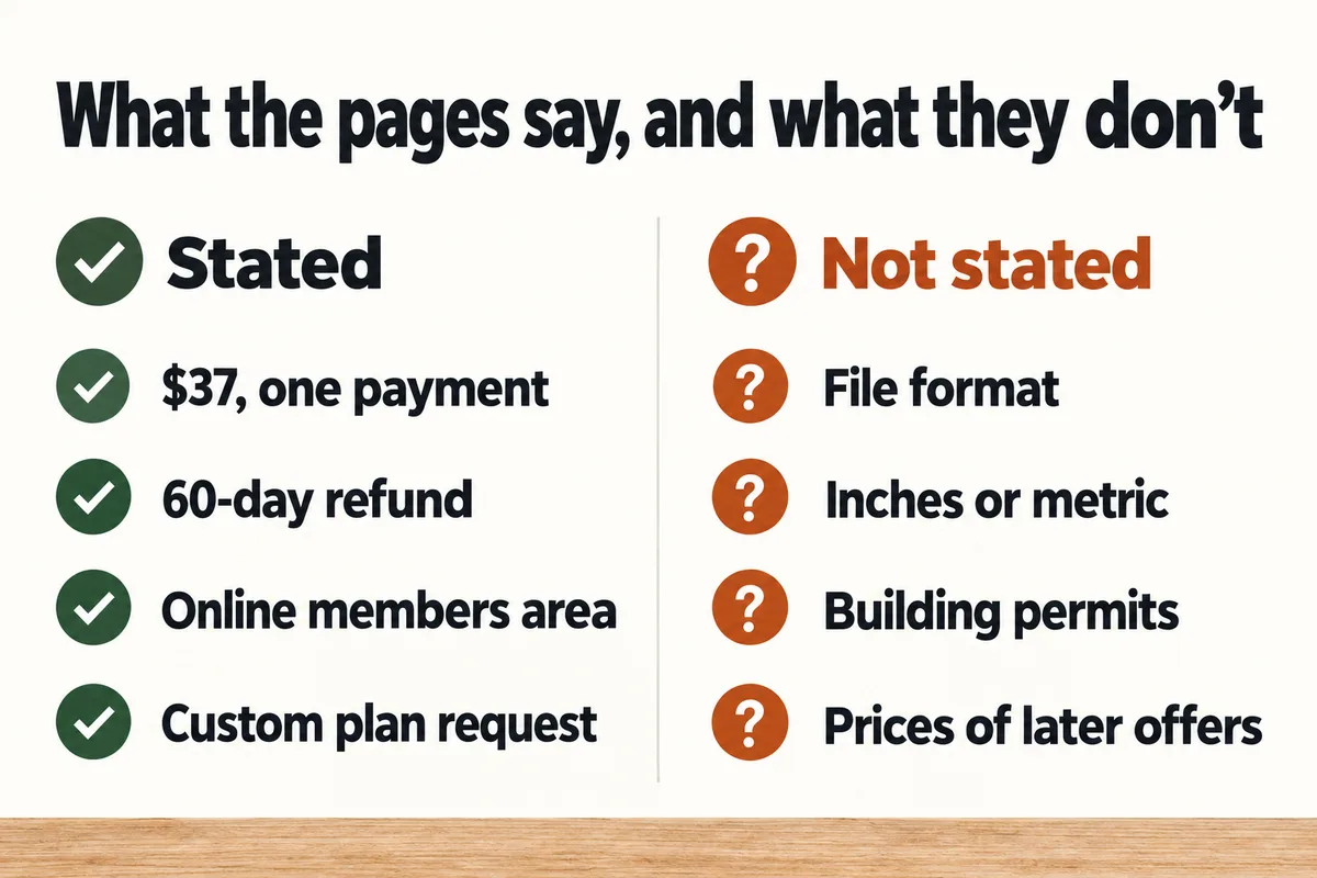 Chart titled What the pages say, and what they don't. Stated: $37, one payment; 60-day refund; online members area; custom plan request. Not stated: file format; inches or metric; building permits; prices of later offers.