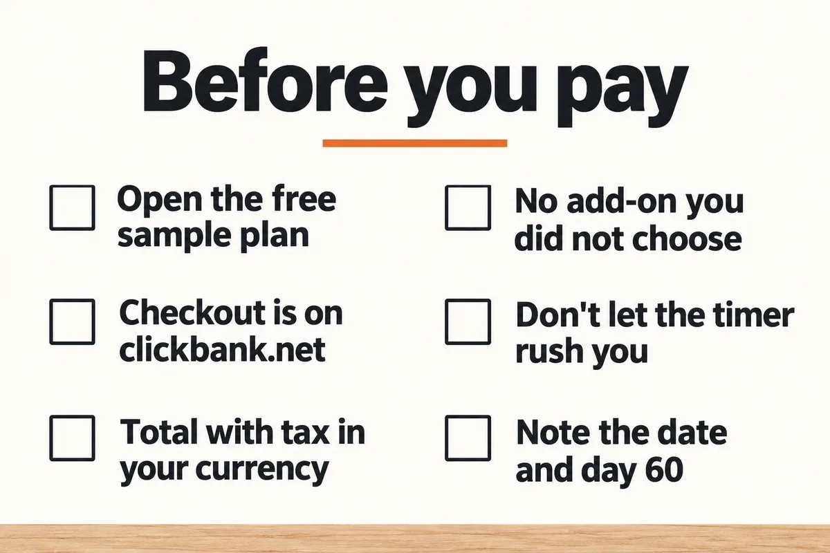 Checklist titled Before you pay, six items: open the free sample plan; checkout is on clickbank.net; total with tax in your currency; no add-on you did not choose; don't let the timer rush you; note the date and day 60.