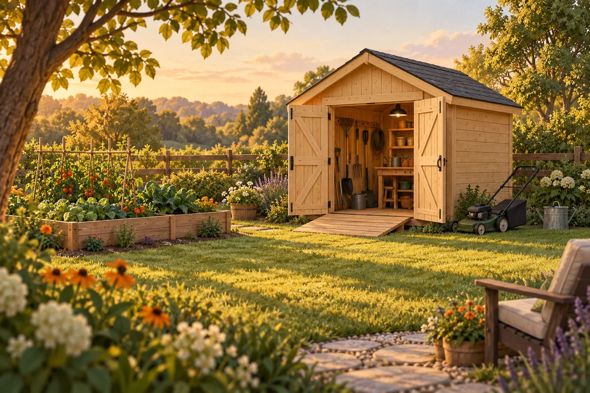 Illustration: a finished small wooden garden shed with a gable roof, open double doors and a short ramp, a lawn mower beside it and a vegetable bed nearby.