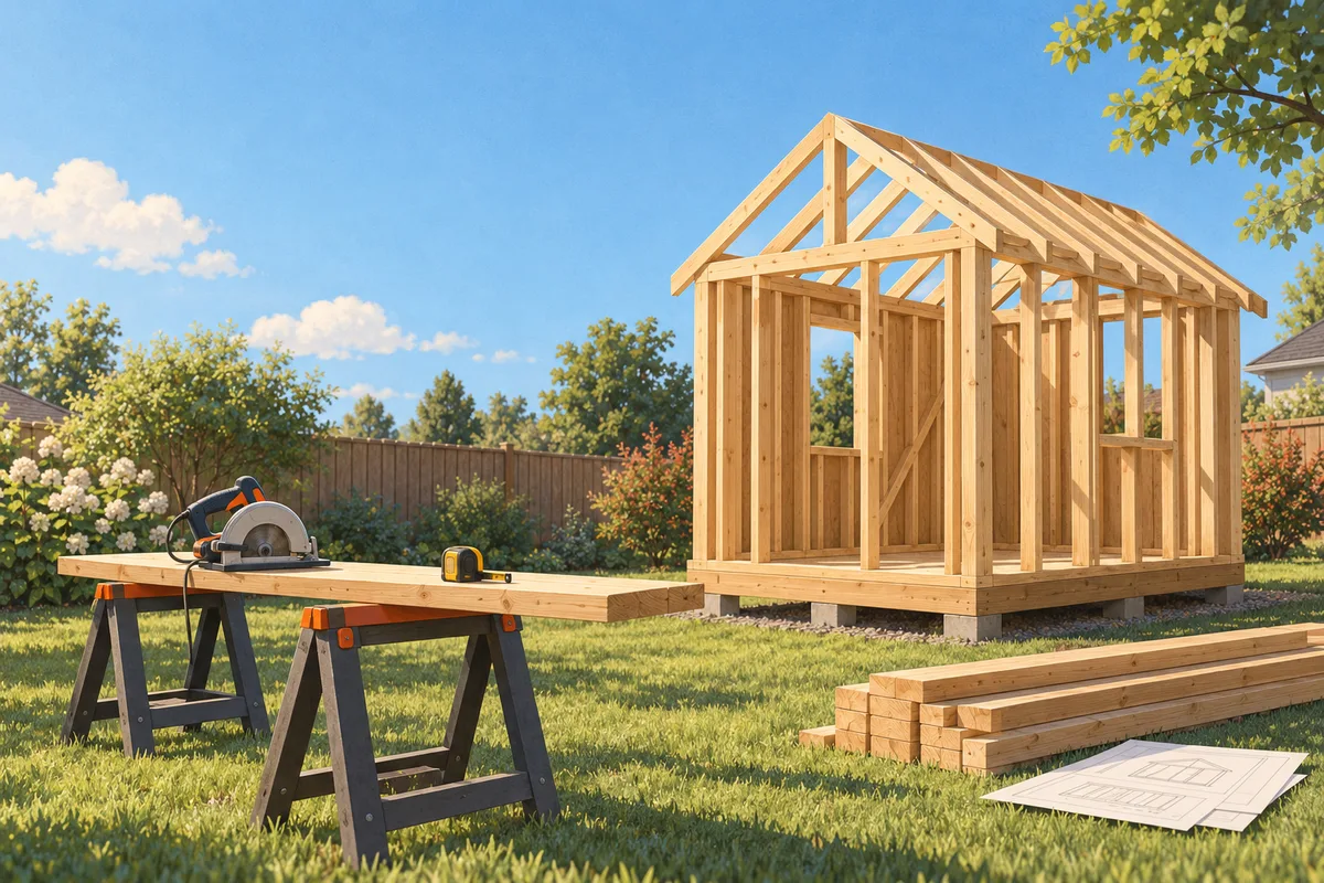 Illustration: a small timber-frame garden shed under construction in a sunny backyard, with sawhorses, a plank, a circular saw and a stack of lumber.