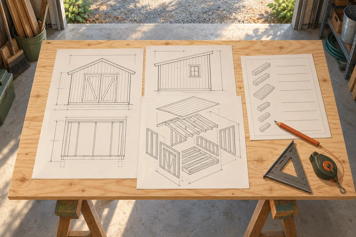 Illustration: printed shed construction drawings, a materials sheet, a carpenter pencil, a speed square and a chalk line on a sheet of plywood laid across sawhorses.