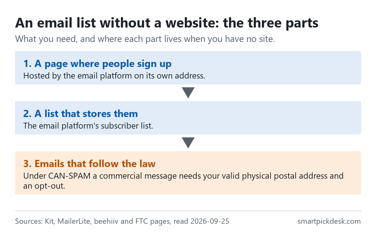 Three parts of an email list without a website: a sign-up page hosted by the email platform, a subscriber list stored by the platform, and emails that include a valid physical postal address and an opt-out under CAN-SPAM.