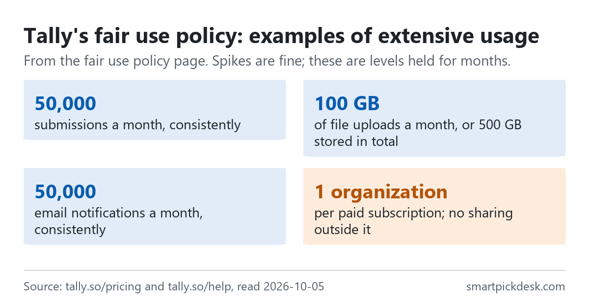 Cards of Tally's fair use examples of extensive usage: consistently 50,000 submissions a month; consistently 100 GB of file uploads a month or 500 GB stored in total; consistently 50,000 email notifications a month; sharing a Pro or Business subscription outside your organization.