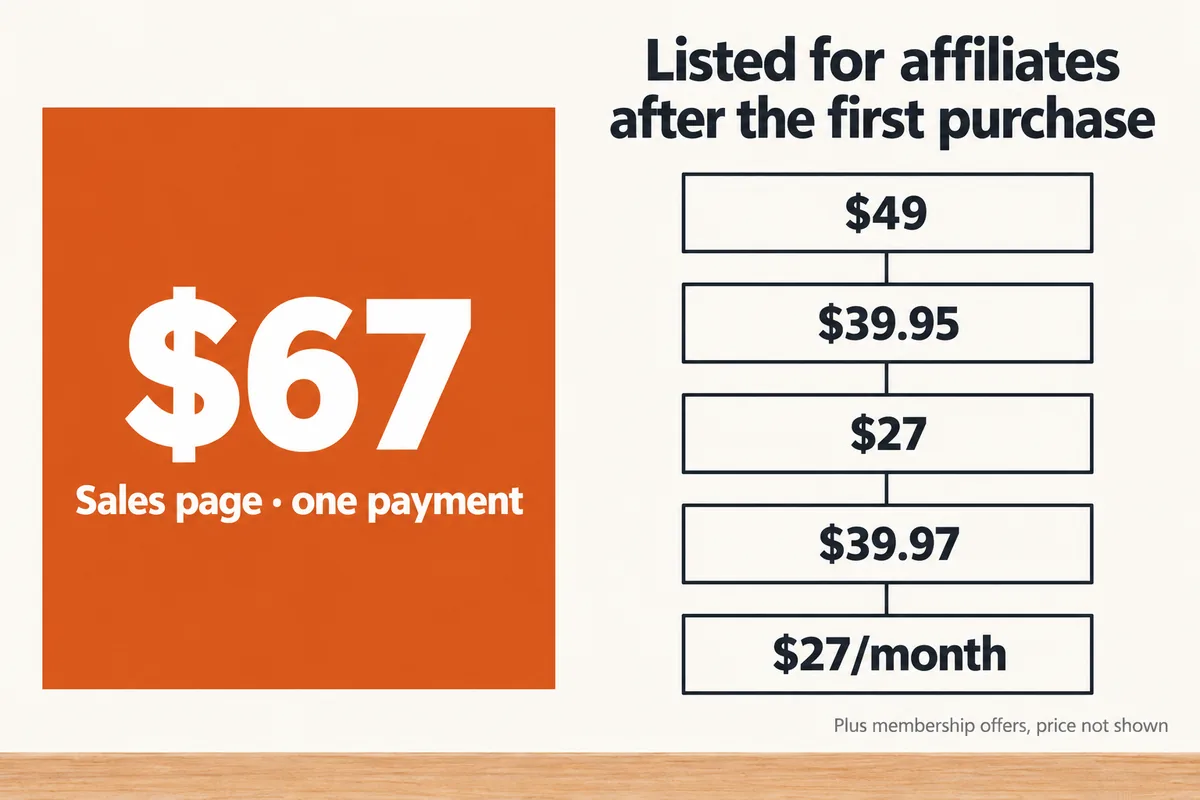 Chart: $67, sales page, one payment. Listed for affiliates after the first purchase: $49, $39.95, $27, $39.97 and $27/month, plus membership offers, price not shown.