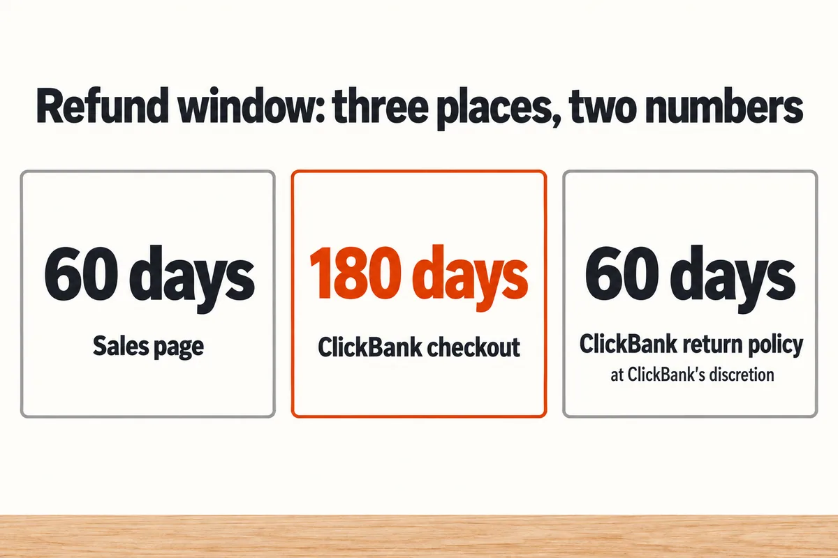 Diagram of the refund window, titled Refund window: three places, two numbers. 60 days on the sales page; 180 days on the ClickBank checkout; 60 days in the ClickBank return policy, at ClickBank's discretion.