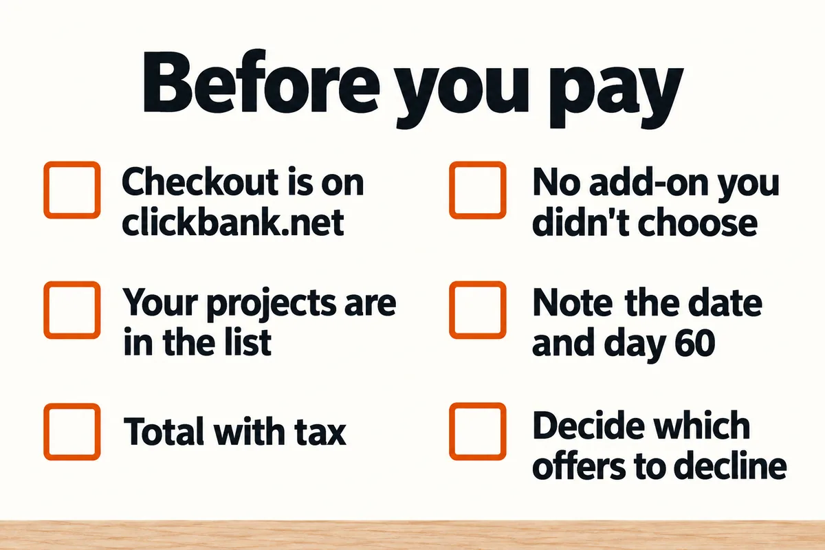 Checklist titled Before you pay, six items: checkout is on clickbank.net; your projects are in the list; total with tax; no add-on you did not choose; note the date and day 60; decide which offers to decline.