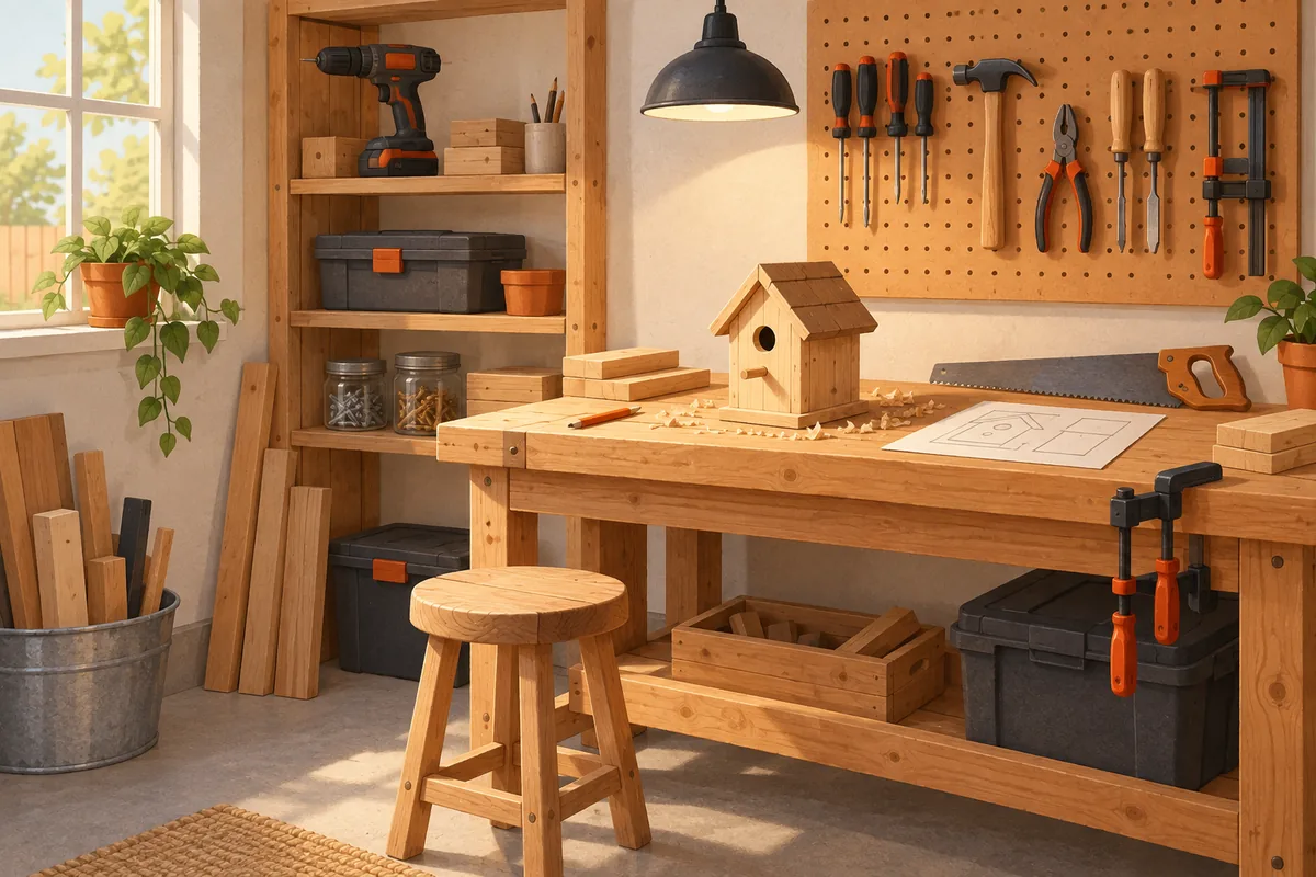 Illustration: a small home workshop with a wooden workbench, a birdhouse, a stool, a hand saw, hand tools on a pegboard, clamps and a drill on a shelf.