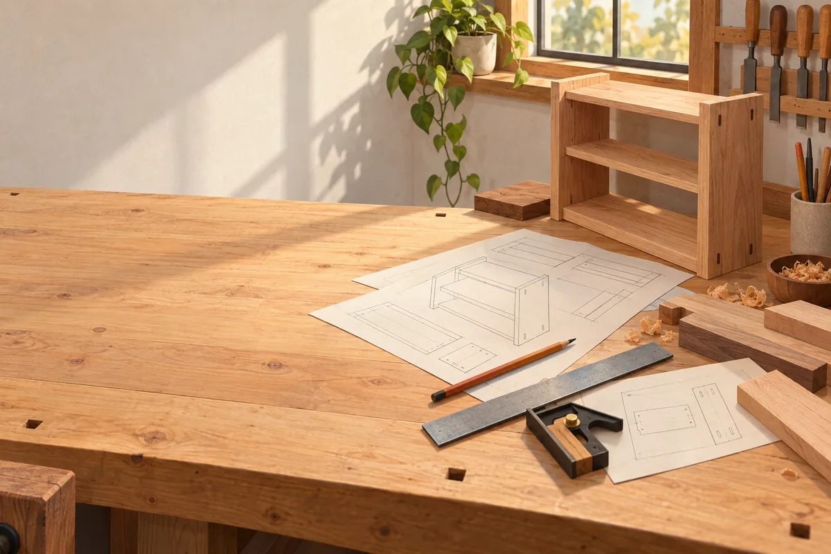 Illustration: a sunlit workbench with printed furniture drawings, a pencil, a steel square, offcuts of wood and a small wooden shelf.