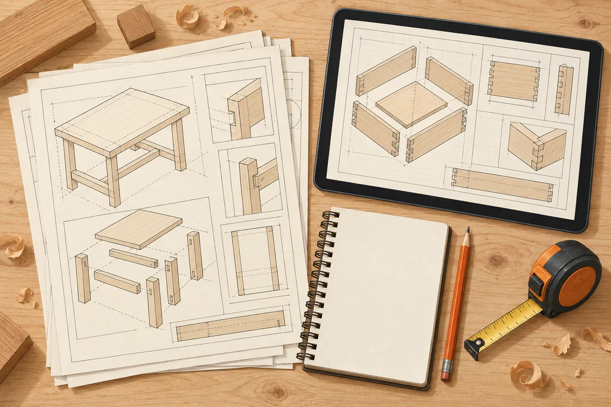 Illustration: printed woodworking drawings of a small table and its parts, a tablet showing drawings of a box, a notebook, a pencil and a tape measure on a wooden desk.
